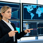 A professional female food safety expert in a modest business suit, standing confidently in a high-tech control room. Large, luminous display screens in the background show intricate data visualizations, blockchain ledgers, and real-time global supply chain maps. She is pointing at a screen with a focused expression, demonstrating advanced data analytics for proactive risk management in food safety. The scene emphasizes innovation and digital transformation. Perfect anatomy, correct proportions, natural pose, well-formed hands, proper finger count, natural body proportions. Professional photography, high quality, ultra-realistic, clear details, safe for work, appropriate content, fully clothed, professional dress, family-friendly.