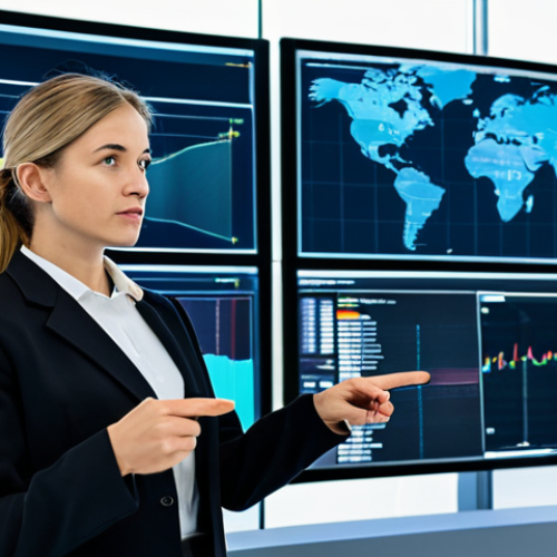 Home 6 A professional female food safety expert in a modest business suit, standing confidently in a high-tech control room. Large, luminous display screens in the background show intricate data visualizations, blockchain ledgers, and real-time global supply chain maps. She is pointing at a screen with a focused expression, demonstrating advanced data analytics for proactive risk management in food safety. The scene emphasizes innovation and digital transformation. Perfect anatomy, correct proportions, natural pose, well-formed hands, proper finger count, natural body proportions. Professional photography, high quality, ultra-realistic, clear details, safe for work, appropriate content, fully clothed, professional dress, family-friendly.