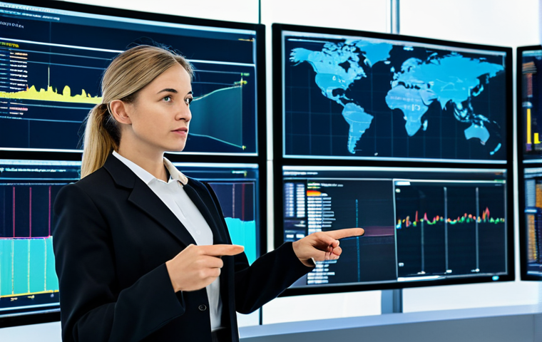 A professional female food safety expert in a modest business suit, standing confidently in a high-tech control room. Large, luminous display screens in the background show intricate data visualizations, blockchain ledgers, and real-time global supply chain maps. She is pointing at a screen with a focused expression, demonstrating advanced data analytics for proactive risk management in food safety. The scene emphasizes innovation and digital transformation. Perfect anatomy, correct proportions, natural pose, well-formed hands, proper finger count, natural body proportions. Professional photography, high quality, ultra-realistic, clear details, safe for work, appropriate content, fully clothed, professional dress, family-friendly.