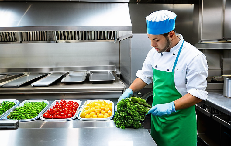 식품 위생교육 의무화 요건 - **Prompt:** A group of diverse professional chefs and kitchen staff in a state-of-the-art, impeccabl...