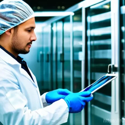 식품위생 분야 해외 취업 기회 - **Prompt:** A highly skilled food hygiene specialist, a Caucasian man in his late 30s, wearing a cri...