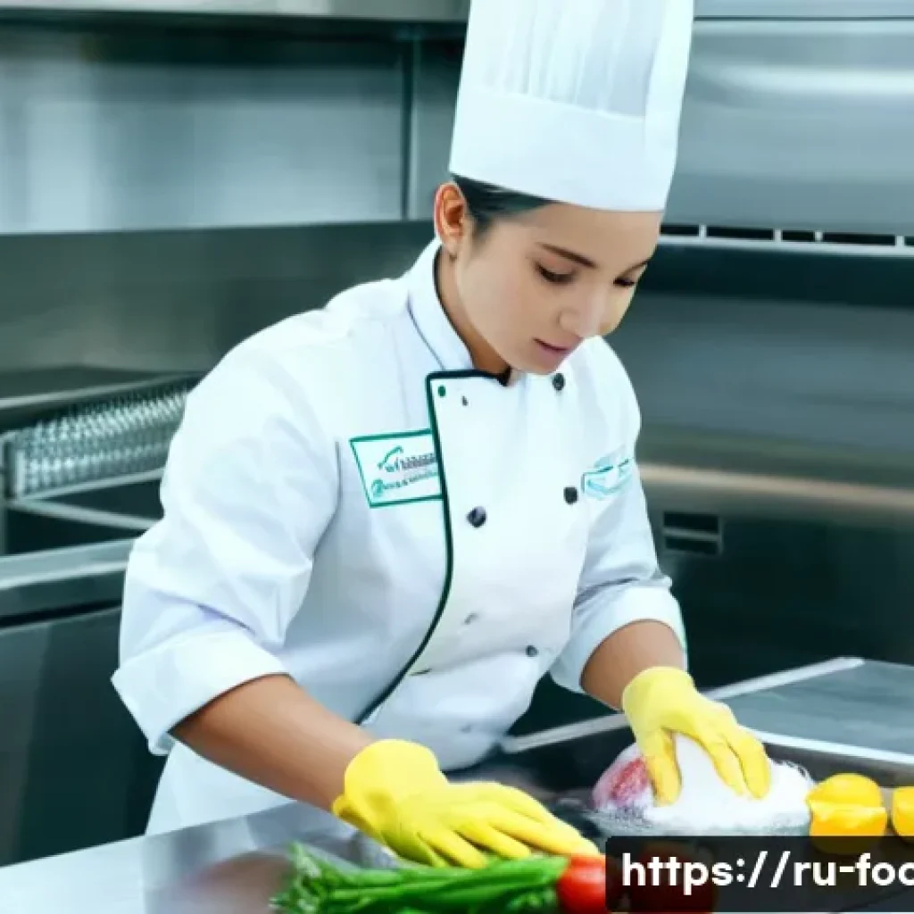 식품위생 강의 자료 만들기 - A professional kitchen scene showing a chef wearing a white uniform, hairnet, and disposable gloves ...