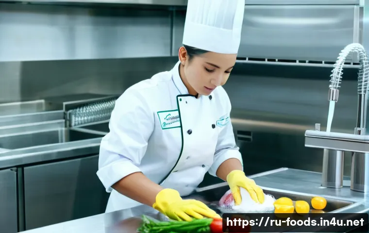 식품위생 강의 자료 만들기 - A professional kitchen scene showing a chef wearing a white uniform, hairnet, and disposable gloves ...