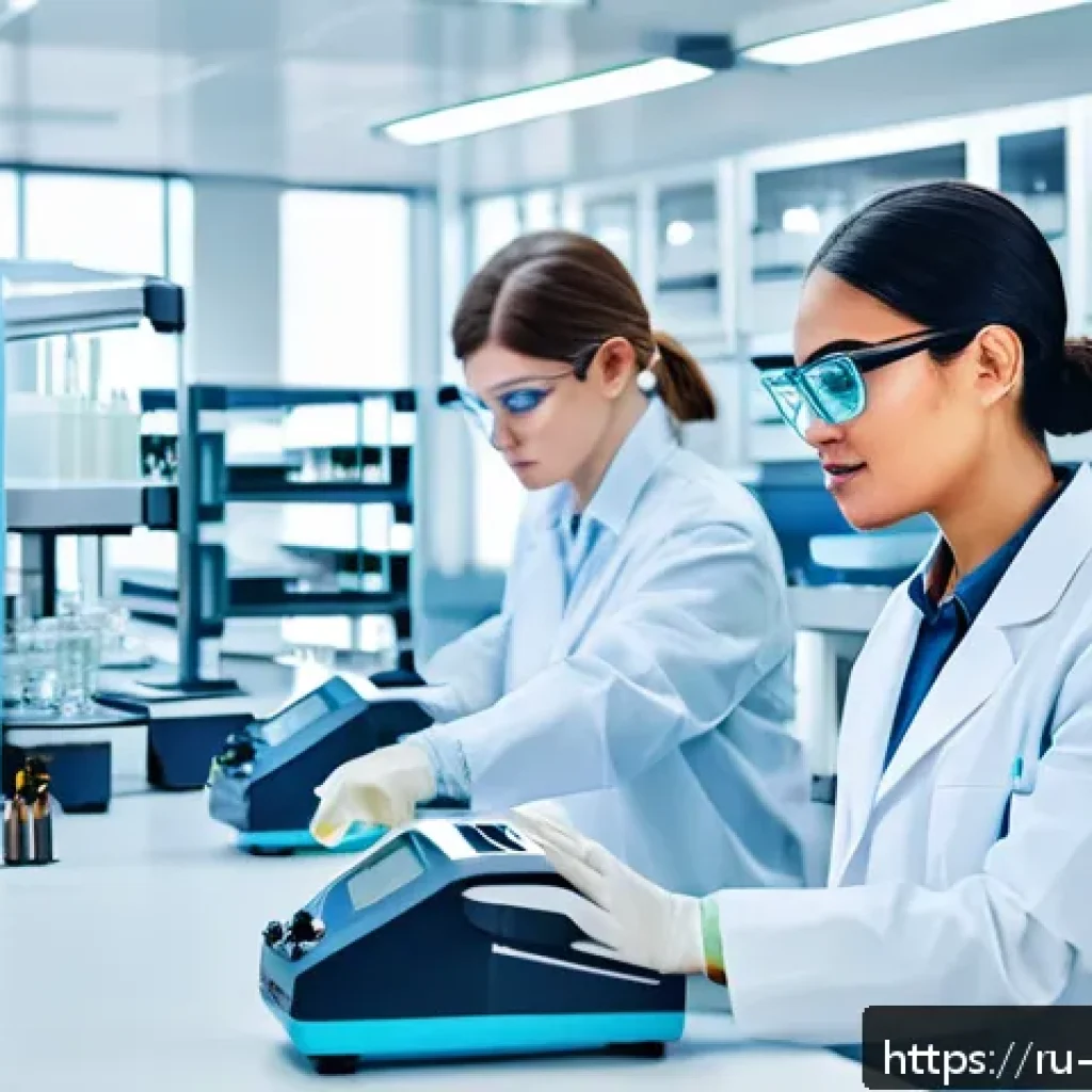 식품연구소 취업 성공 비법 - A modern food laboratory interior scene showing a diverse team of professionals in lab coats and saf...