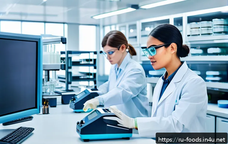 식품연구소 취업 성공 비법 - A modern food laboratory interior scene showing a diverse team of professionals in lab coats and saf...