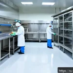식품위생법 시험 범위 정리 - A modern food processing facility interior with spotless, smooth floors, walls, and ceilings made of...