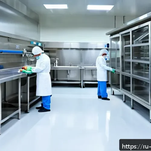 식품위생법 시험 범위 정리 - A modern food processing facility interior with spotless, smooth floors, walls, and ceilings made of...