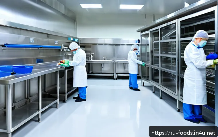 식품위생법 시험 범위 정리 - A modern food processing facility interior with spotless, smooth floors, walls, and ceilings made of...